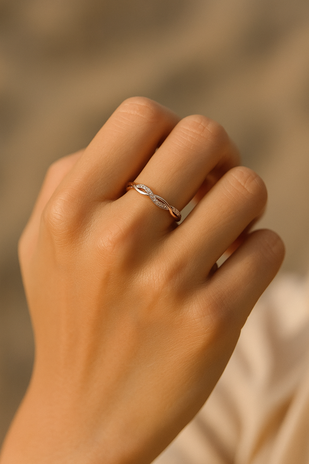 Bague torsadée “Élégance” – Zircone cubique
Disponible en or rose, or jaune et argent blanc